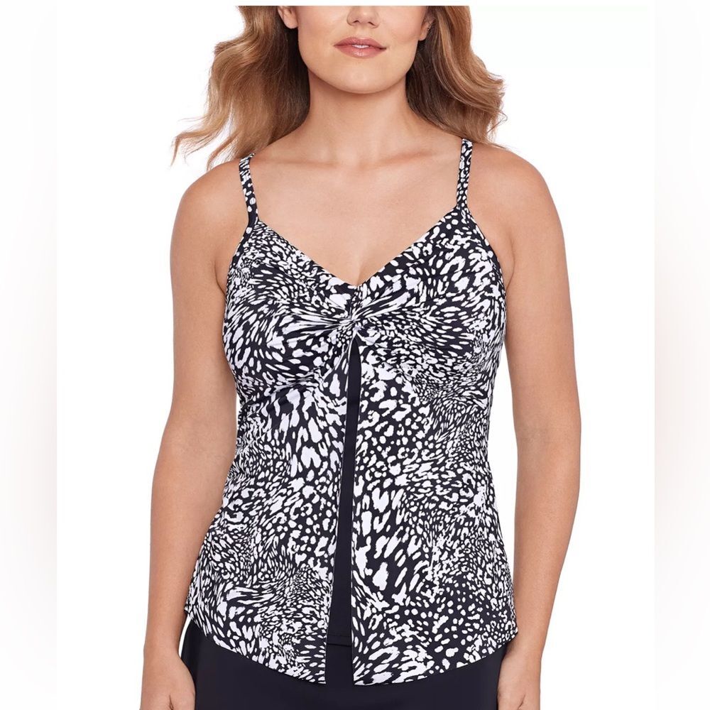 SWIM SOLUTIONS Womens Size 8 Printed Knotted Flyaway Tankini Top